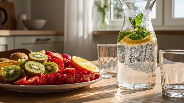 Sliced kiwi, orange, and strawberries on plate next to carafe with lemon, mint, and water. Fruit is core concept, emphasized through fruit breakfast, juicy nutrition, and natural refreshment theme