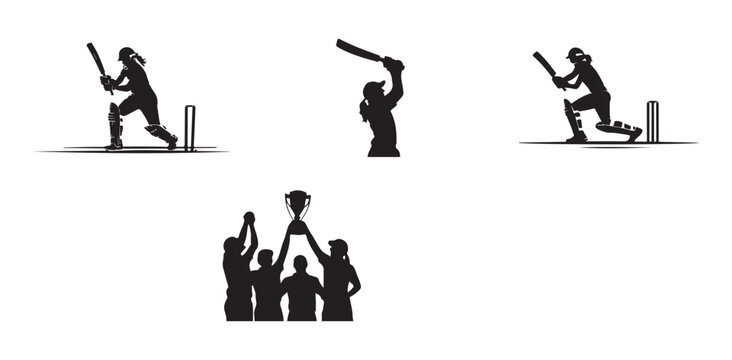 Woman cricket player silhouette set batting and celebrating trophy victory on white backdrop