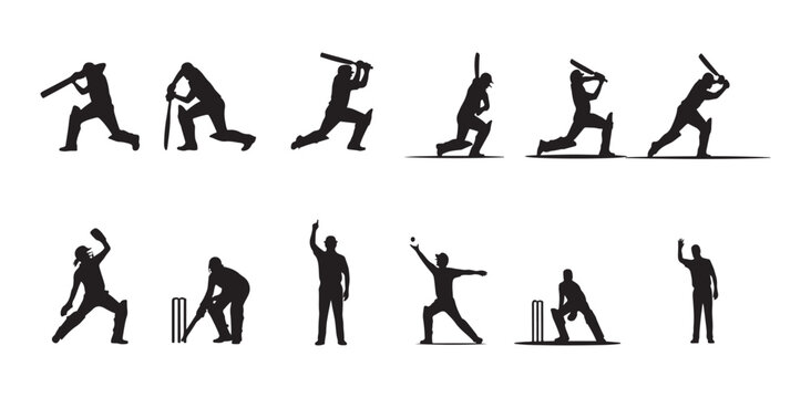 Various cricket player silhouettes including batsman bowler umpire and wicketkeeper icons