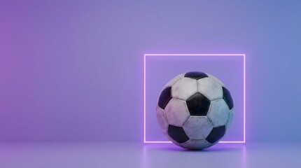 Fototapeta premium Soccer ball with glowing neon radial light on teal gradient background. Vibrant football concept for sports marketing, posters and tournament graphics.