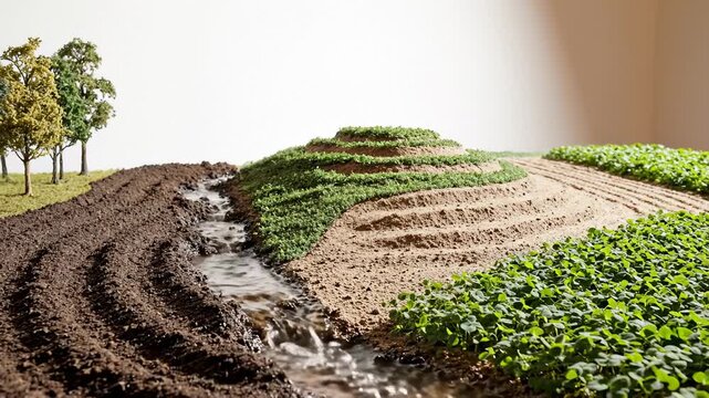 Miniature Agricultural Landscape With Flowing Water and Terraced Fields