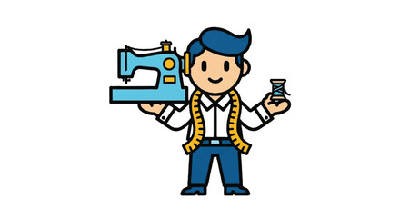 Fototapeta premium Tailor holding sewing machine and thread spool vector illustration