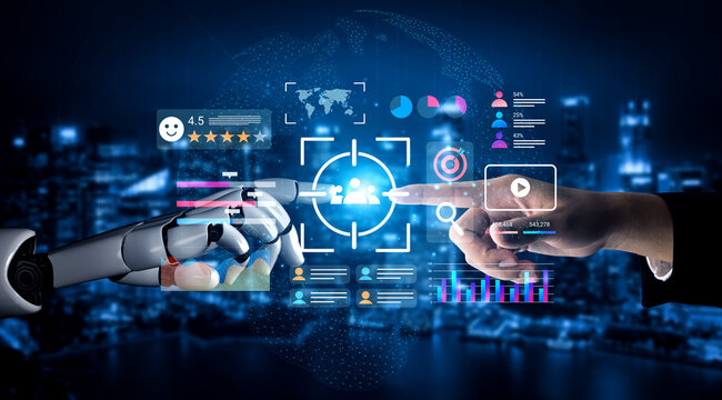 A captivating scene depicting the moment of interaction between a human hand and robotic hand, enriched by digital data overlays representing technology and communication. Gantry
