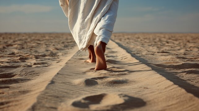 Man walks on sand in a spiritual journey following Jesus' footsteps on a path of faith in a vast landscape