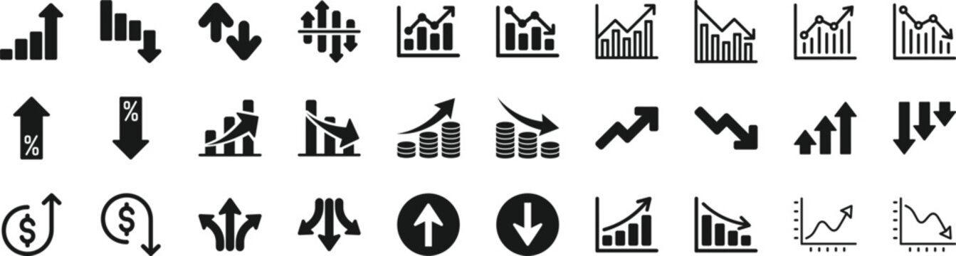 Increase and Decrease Icon Set with Business Growth and Decline Graph Symbols, Up and Down Arrows, Financial Trend Indicators and Market Analytics Vector Illustration Collection