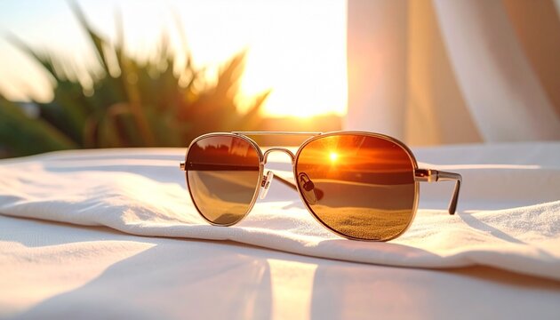 Aesthetic aviator sunglasses reflecting a golden sunset on white linen, symbolizing summer travel and luxury vacation vibes.