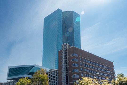 Frankfurt, Germany- April 20, 2025: European Central Bank (ECB) headquarters responsible for monetary policy for Eurozone building exterior location at Ostend district, Frankfurt