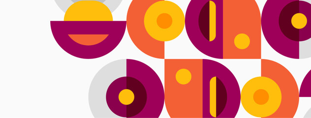 Obraz premium Geometric shapes, vibrant colors, repeating pattern. Modern design, playful composition, minimalist aesthetic. Orange, purple, yellow hues dominate.