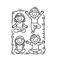 Naklejka premium A hand‑drawn illustration of a kids’ yoga set showing children doing exercises, asanas, postures, and meditation 