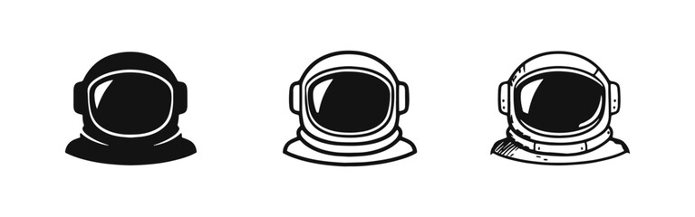 Astronaut Helmet Icon Set - Space Explorer Headgear, Cosmic Travel & Sci-Fi Safety Symbols © drawing lines