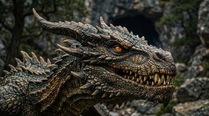 Fototapeta premium Majestic Dragon Portrait Dragon Fantasy Mythical Creature Portrait Close-Up Scales Fierce. Concept featuring dragon, fantasy, mythical creature, portrait, close-up for professional commercial design.