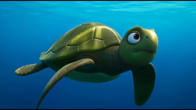 Animated sea turtle swimming peacefully in blue ocean depths undersea adventure cartoon underwater creature marine life education