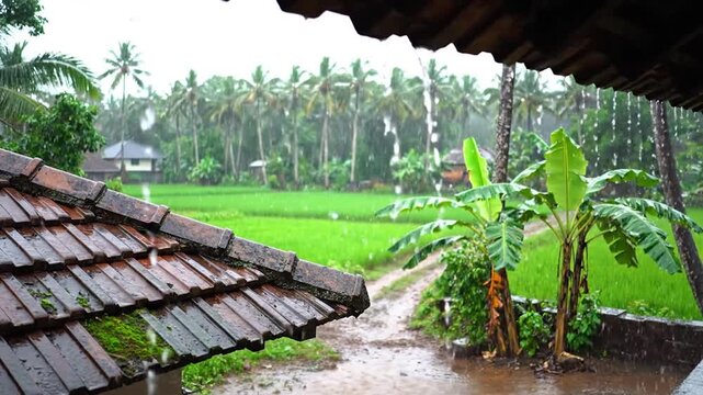 Rain pours from a traditional tiled roof over a vibrant tropical landscape.