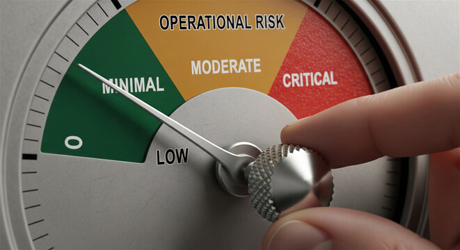 Hand turning dial on risk assessment gauge, moving from minimal to critical levels