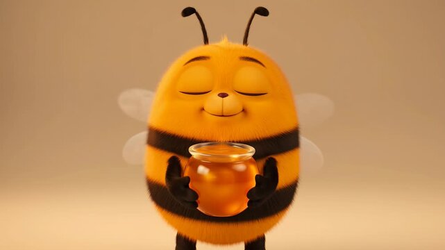 Adorable cartoon bee character holding a jar of honey with closed eyes in delightful animation studio rendered style