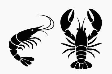 Obraz premium Minimalist shrimp and lobster silhouettes, clean vector style, solid black shapes, isolated on pure white background.