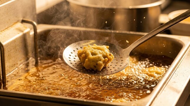 Deep frying crispy snack in commercial stainless steel fryer
