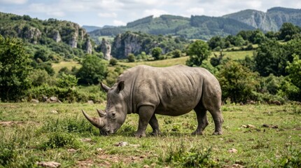 Naklejka premium Rhinoceros Grazing in Natural Landscape Rhinoceros Wildlife Nature Animal Grazing Landscape Greenery. Concept featuring rhinoceros, wildlife, nature, animal, grazing for professional commercial des...