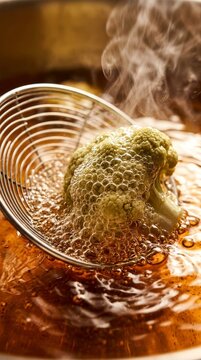 Blanching green cauliflower in boiling water with a metal skimmer, preparing healthy food