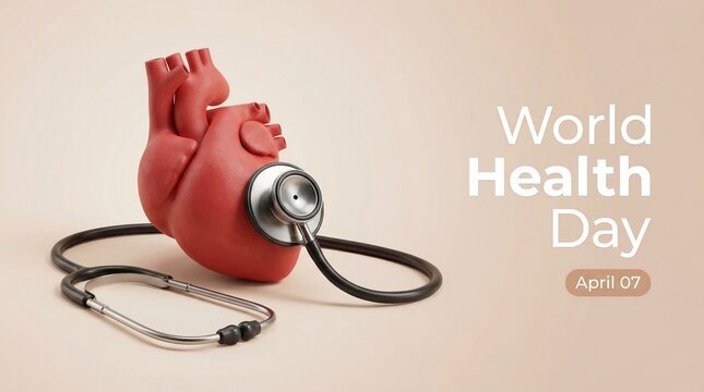 World health day concept with human heart and stethoscope for cardiology care medical wellness awareness prevention healthcare campaign design