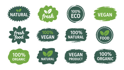 Obraz premium Vegan and organic food label badges, vector set of fresh, eco-friendly, vegetarian, and healthy product icons for packaging, branding, and design projects