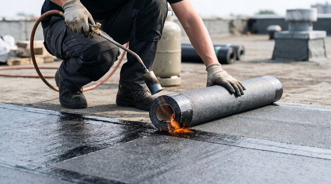 Professional worker installing waterproof bitumen membrane on roof with blowtorch