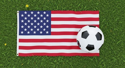 Naklejka premium American flag with soccer ball on green grass background