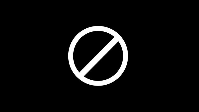 Abstract forbidden sign animation, black background with white no symbol, warning motion graphic