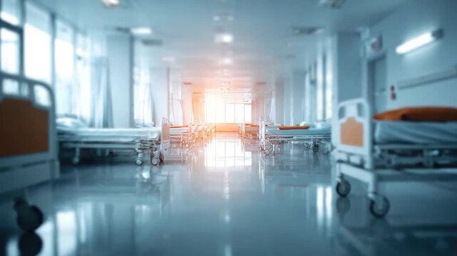 Rows of empty beds in a sterile hospital ward with bright light