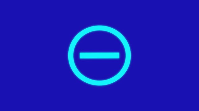 Neon glowing minus sign animation inside circle frame on blue background motion graphics