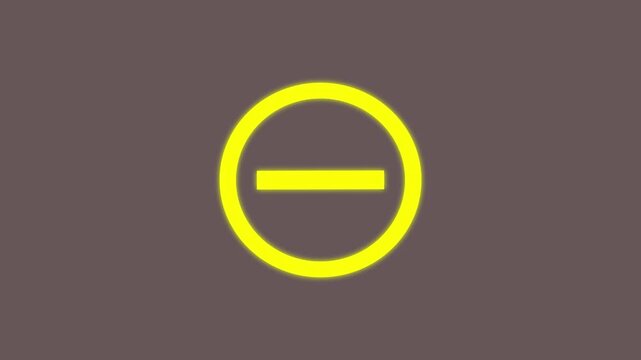 Glowing yellow minus symbol in circle centered on dark grey background animation loop