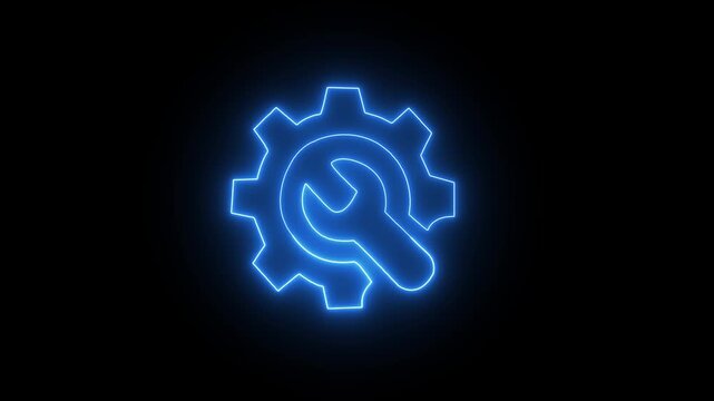 Blue neon gear and wrench icon animation on black background representing service