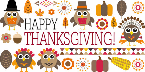 Festive fall illustration with owls turkeys and a thanksgiving greeting © Rubel