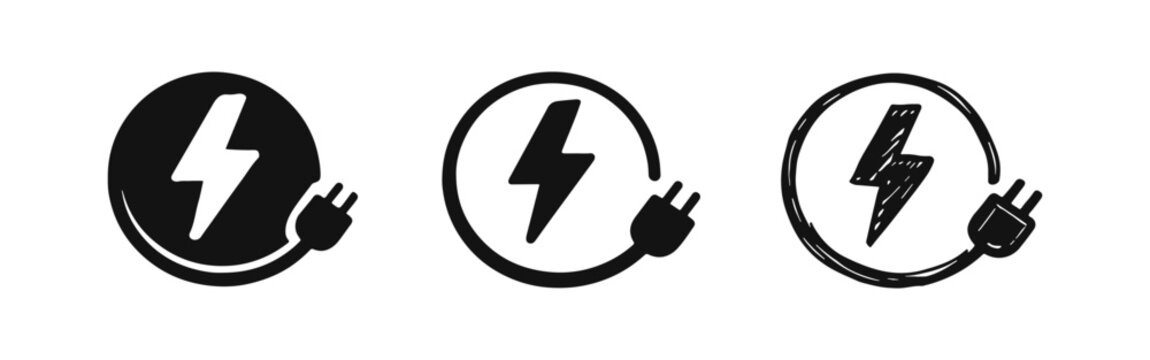 Electric power and charging plug icon set with lightning bolt in solid, outline, and hand-drawn styles.