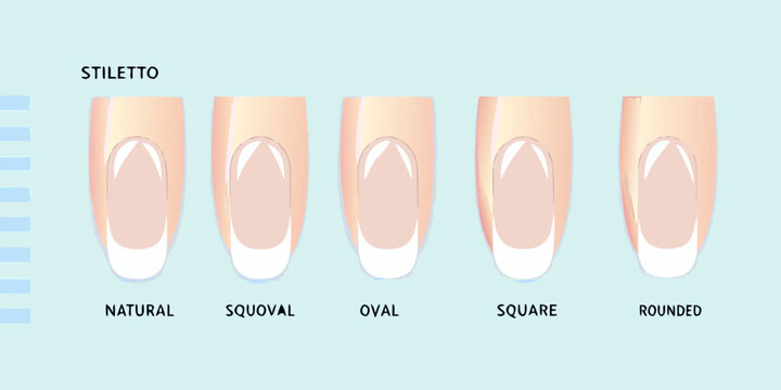 Illustration depicting five different shapes of artificial stiletto fingernails