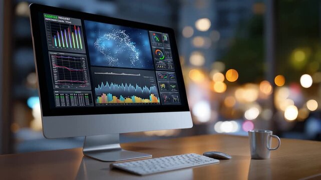 Exploring Data Visualization on a Desktop Computer Displaying Dynamic Graphs and Metrics with a Background of Blurred City Lights