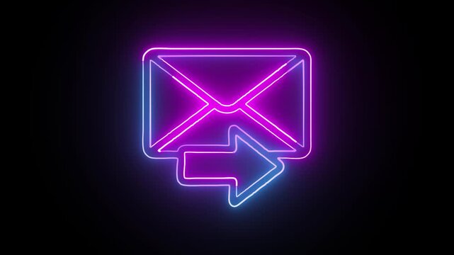 Neon email icon with arrow indicates outgoing message in glowing purple and blue colors