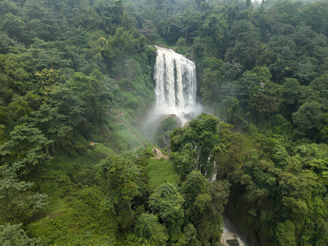 Aerial view of a majestic waterfall cascading through a dense, verdant forest, with a visible pathway leading to its base, Curugsewu, Kendal Regency, Central Java, Indonesia.