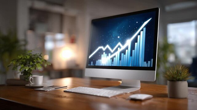 Modern Desktop Setup Featuring a Computer Screen Displaying Dynamic Growth Chart with Data Insights, Laptop, Plants, and Cozy Office Ambiance for Productivity