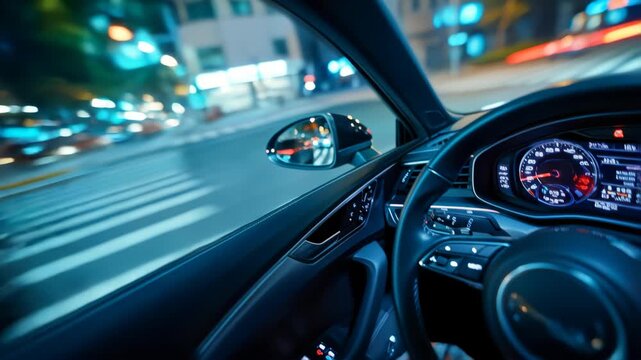 Modern car interior at night with illuminated dashboard, steering wheel, and city bokeh lights, showing luxury driving and automotive technology