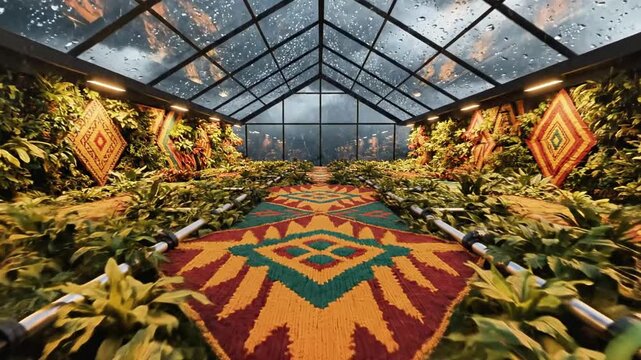 A vibrant, symmetrical greenhouse interior with lush greenery and colorful patterns