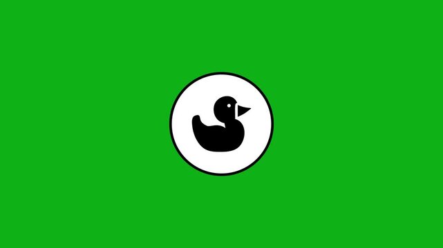 Minimalist black duck icon animation appearing on white circle over green screen background