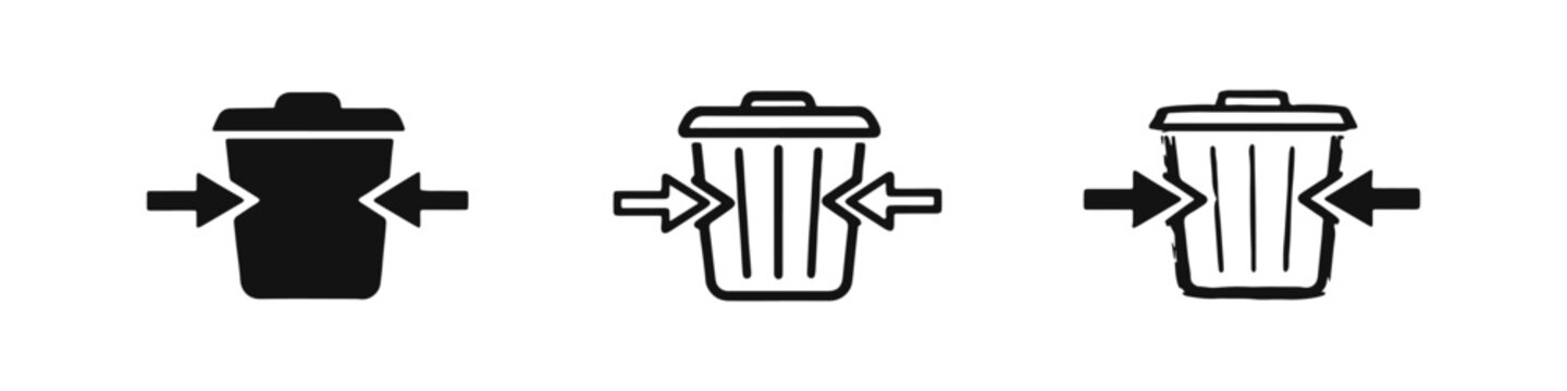 Waste Reduction Trash Can Icon Set. Garbage Bin with Side Arrows for Compaction in Solid, Outline, and Hand-Drawn Styles.