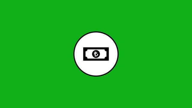 Turkish lira banknote animation zooming inside white circle over green screen background