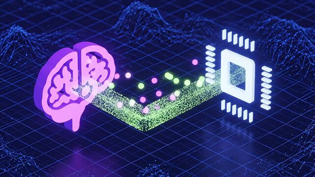 Artificial intelligence neural interface connecting pink brain module to computer processor chip via glowing particle path in dark digital space