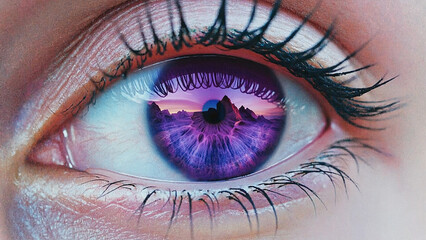 Fototapeta premium Macro human eye with violet iris reflecting mountain landscape surreal vision concept