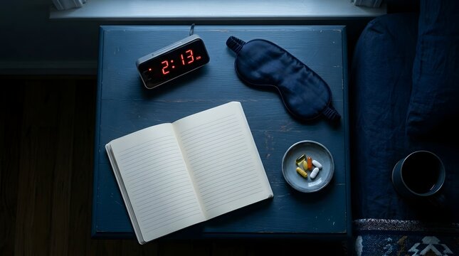 Flat lay of insomnia relief items including a digital alarm clock showing late night time alongside a sleep mask, pills, and an open journal