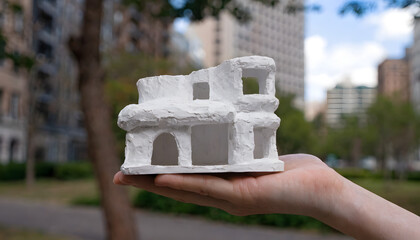 Obraz premium A handheld miniature of a small, modern, white house.