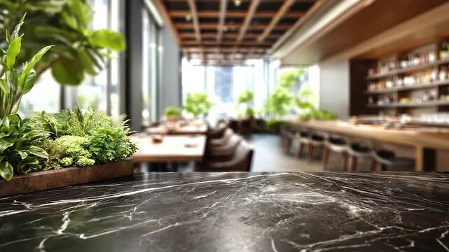 Empty black marble table with green plants in a modern restaurant