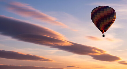 Obraz premium Vibrant hot air balloon with checkered pattern flies against a colorful sunset sky with elongated clouds, representing adventure and freedom